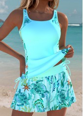 ROTITA Cyan Bowknot Marine Life Print Mid Waisted Tankini Set