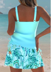 Cyan swimwear,Animal Print swimwear,ROTITA Cyan Bowknot Marine Life Print Mid Waisted Tankini Set