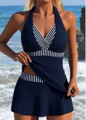 ROTITA Navy Fake 2in1 Striped Mid Waisted Tankini Set