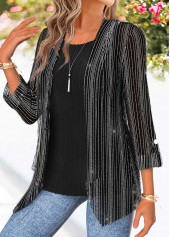 Black tops,Plain Color tops,ROTITA Two-piece Black 3/4 Sleeve Cardigan and Tank Top