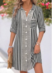 ROTITA Grey Striped Tummy Coverage Short Shirt Collar Dress