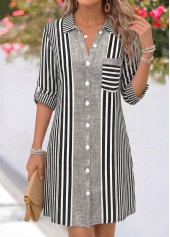 Grey dresses,Striped dresses,Geometric dresses,Everyday dresses,Casual dresses,ROTITA Grey Striped Tummy Coverage Short Shirt Collar Dress