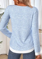Light Blue tops,Contrast Color tops,ROTITA Fake 2in1 Light Blue Round Neck T Shirt