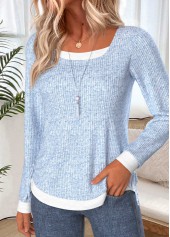 Light Blue tops,Contrast Color tops,ROTITA Fake 2in1 Light Blue Round Neck T Shirt
