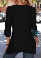 Black tops,Ombre tops,ROTITA Handkerchief Hem Ombre Black Split Neck 3/4 Sleeve Blouse
