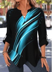 Black tops,Ombre tops,ROTITA Handkerchief Hem Ombre Black Split Neck 3/4 Sleeve Blouse