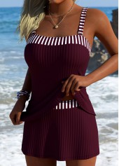Wine Red swimwear,Striped swimwear,Geometric swimwear,ROTITA Wine Red Striped Mid Waisted Tankini Set