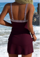 Wine Red swimwear,Striped swimwear,Geometric swimwear,ROTITA Wine Red Striped Mid Waisted Tankini Set