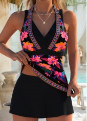 ROTITA Black Layered Random Floral Print Mid Waisted Tankini Set