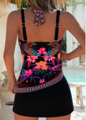 Black swimwear,Plants swimwear,Floral swimwear,ROTITA Black Layered Random Floral Print Mid Waisted Tankini Set