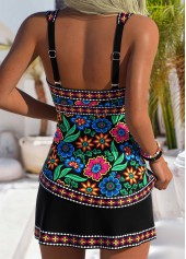 Black swimwear,Floral swimwear,Plants swimwear,ROTITA Black Tummy Coverage Floral Print Mid Waisted Tankini Set
