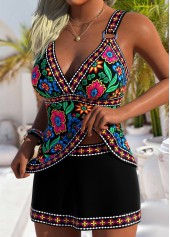 Black swimwear,Floral swimwear,Plants swimwear,ROTITA Black Tummy Coverage Floral Print Mid Waisted Tankini Set