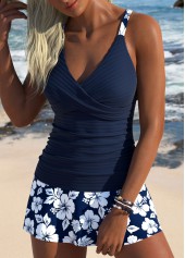 Navy swimwear,Floral swimwear,Plants swimwear,ROTITA Navy Surplice Floral Print Mid Waisted Tankini Set