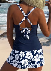 Navy swimwear,Floral swimwear,Plants swimwear,ROTITA Navy Surplice Floral Print Mid Waisted Tankini Set