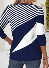 Navy tops,Geometric tops,ROTITA Curved Hem Geometric Print Navy Split Neck T Shirt