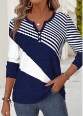 ROTITA Curved Hem Geometric Print Navy Split Neck T Shirt