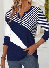 Navy tops,Geometric tops,ROTITA Curved Hem Geometric Print Navy Split Neck T Shirt