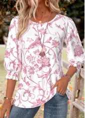 ROTITA Smocked Floral Print Light Pink Round Neck Blouse