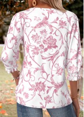 Light Pink tops,Floral tops,Plants tops,ROTITA Smocked Floral Print Light Pink Round Neck Blouse