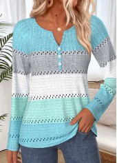 ROTITA Button Striped Mint Green Split Neck T Shirt