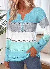 Mint Green tops,Striped tops,Geometric tops,ROTITA Button Striped Mint Green Split Neck T Shirt