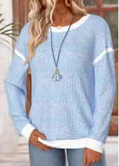 Blue tops,Contrast Color tops,ROTITA Patchwork Blue Round Neck Long Sleeve Sweatshirt