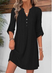 Black dresses,Plain Color dresses,Everyday dresses,Casual dresses,ROTITA Black Tummy Coverage Short Split Neck Long Sleeve Dress