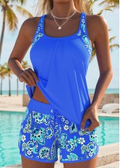 Blue swimwear,Tribal swimwear,ROTITA Blue Patchwork Tribal Print Mid Waisted Tankini Set