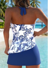 Dusty Blue swimwear,Floral swimwear,Plants swimwear,ROTITA Dusty Blue Layered Floral Print Mid Waisted Tankini Set