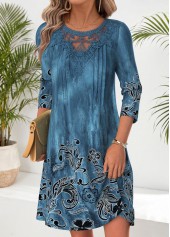 ROTITA Peacock Blue Tribal Print Tuck Stitch Short Dress