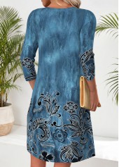 Peacock Blue dresses,Tribal dresses,Everyday dresses,Casual dresses,ROTITA Peacock Blue Tribal Print Tuck Stitch Short Dress