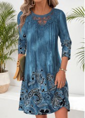 Peacock Blue dresses,Tribal dresses,Everyday dresses,Casual dresses,ROTITA Peacock Blue Tribal Print Tuck Stitch Short Dress