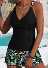 Black swimwear,Floral swimwear,Plants swimwear,ROTITA Black Surplice Floral Print Mid Waisted Tankini Set