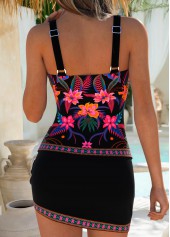 Black swimwear,Floral swimwear,Plants swimwear,ROTITA Black Surplice Floral Print Mid Waisted Tankini Set