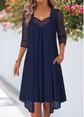 Navy dresses,Plain Color dresses,Everyday dresses,Casual dresses,ROTITA Navy Fake 2in1 Heart Collar 3/4 Sleeve Dress