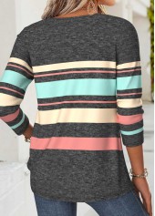 Multi Color tops,Striped tops,Geometric tops,ROTITA Tuck Stitch Striped Multi Color Split Neck T Shirt
