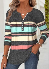 ROTITA Tuck Stitch Striped Multi Color Split Neck T Shirt