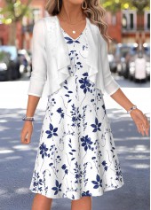White dresses,Plants dresses,Everyday dresses,Casual dresses,ROTITA White Leaf Print Two-piece V Neck Dress and Cardigan