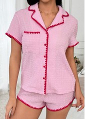 Pink loungewear,Contrast Color loungewear,Pink Turn Down Collar Lounge Top and Shorts