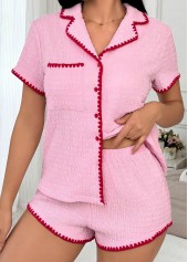 Pink loungewear,Contrast Color loungewear,Pink Turn Down Collar Lounge Top and Shorts
