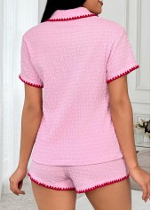 Pink loungewear,Contrast Color loungewear,Pink Turn Down Collar Lounge Top and Shorts