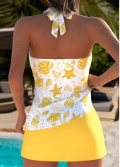 Yellow swimwear,Floral swimwear,Plants swimwear,ROTITA Yellow Layered Floral Print Mid Waisted Tankini Set