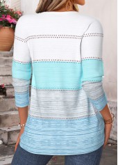 Blue tops,Striped tops,Geometric tops,ROTITA Button Striped Blue Split Neck Long Sleeve T Shirt