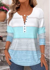 ROTITA Button Striped Blue Split Neck Long Sleeve T Shirt