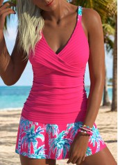 ROTITA Hot Pink Surplice Tropical Plants Print Tankini Set
