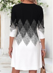 Black dresses,Geometric dresses,Everyday dresses,Casual dresses,ROTITA Black Geometric Print Tummy Coverage Short Split Neck Dress