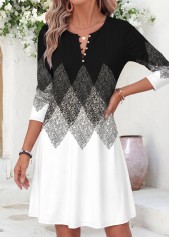 Black dresses,Geometric dresses,Everyday dresses,Casual dresses,ROTITA Black Geometric Print Tummy Coverage Short Split Neck Dress