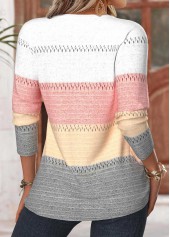 Multi Color tops,Striped tops,Geometric tops,ROTITA Tuck Stitch Striped Multi Color Split Neck T Shirt
