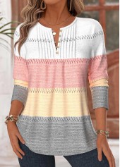 ROTITA Tuck Stitch Striped Multi Color Split Neck T Shirt