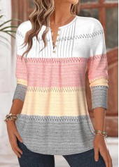 Multi Color tops,Striped tops,Geometric tops,ROTITA Tuck Stitch Striped Multi Color Split Neck T Shirt